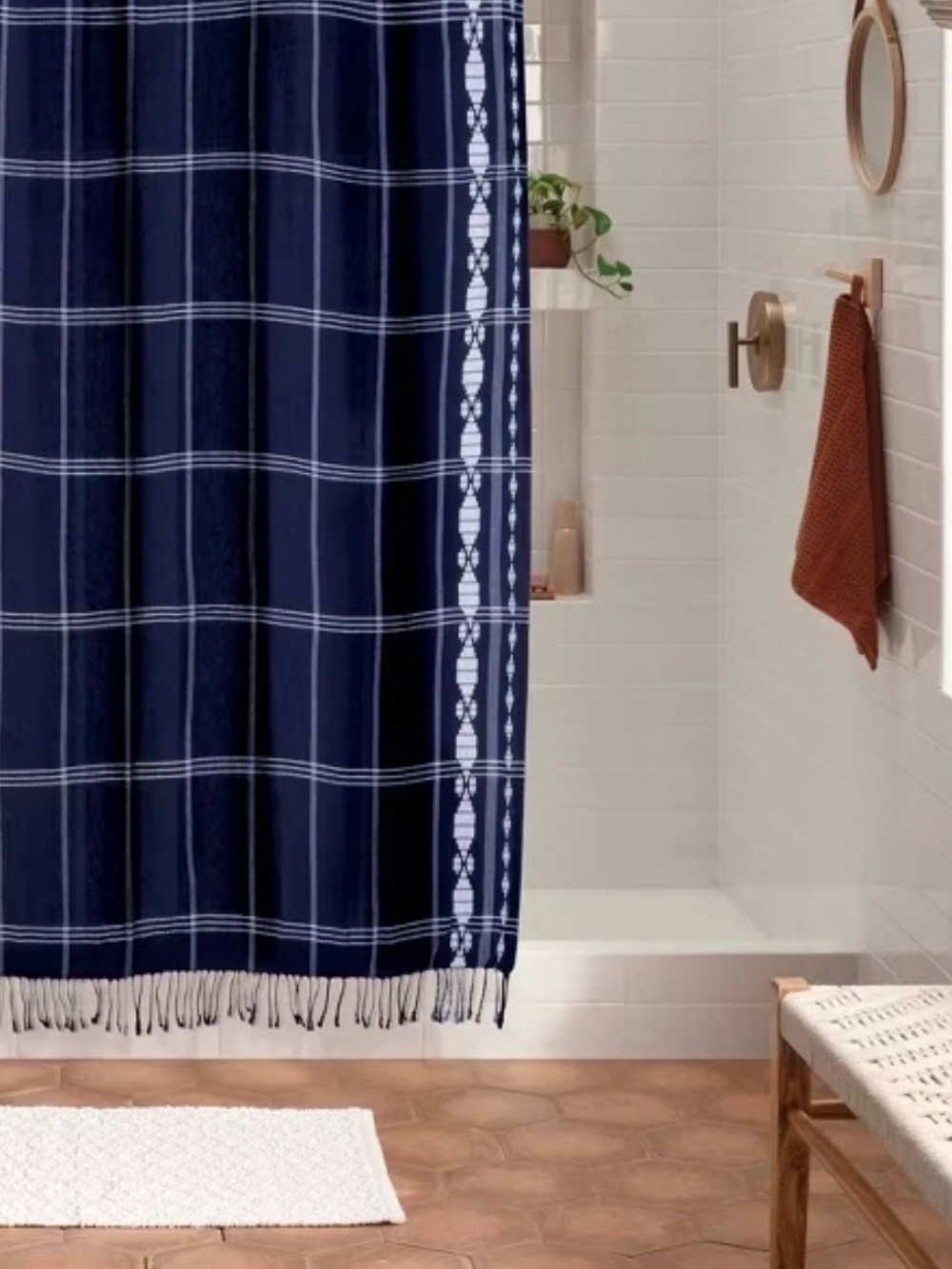 Americana Diamond Border Shower Curtain Blue - Threshold NEW